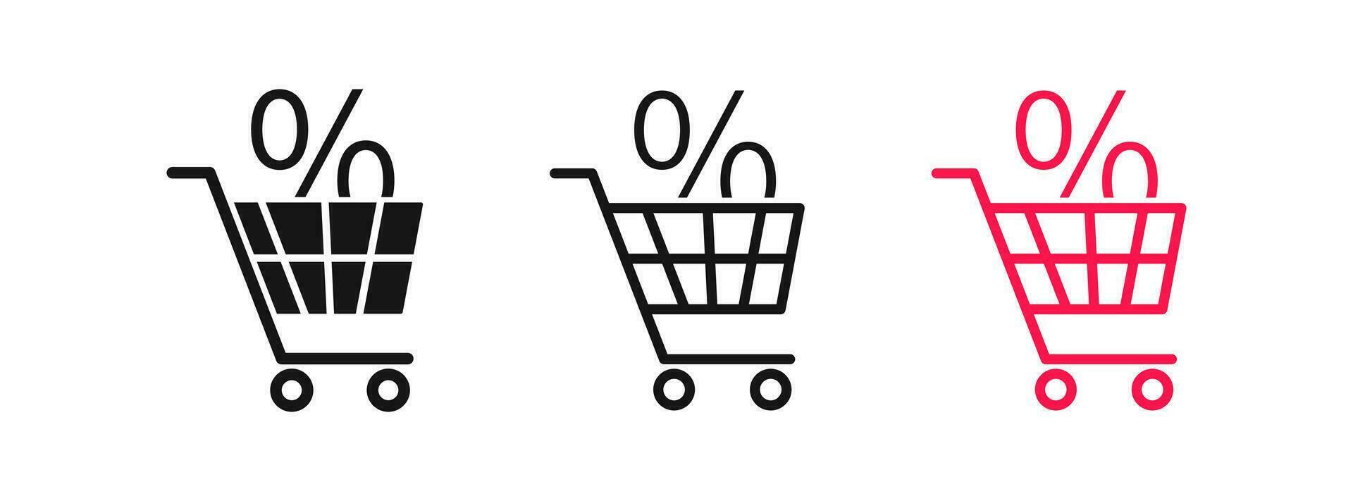 korting icoon. boodschappen doen kar symbool. uitverkoop tekens. kleinhandel prijs symbolen. geschenk coupon pictogrammen. percentage label. zwart, rood kleur. vector teken.