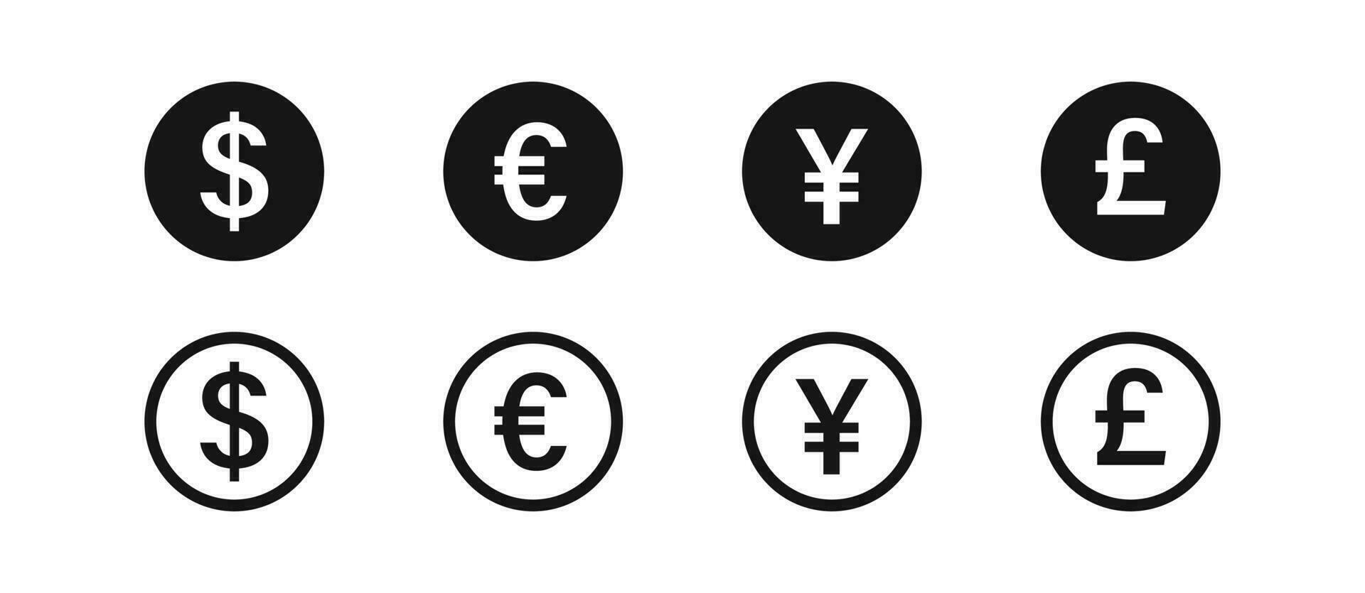 dollar, euro, pond, en yen pictogrammen. valuta symbool. geld tekens. contant geld symbolen. munt icoon. zwart kleur. vector teken.
