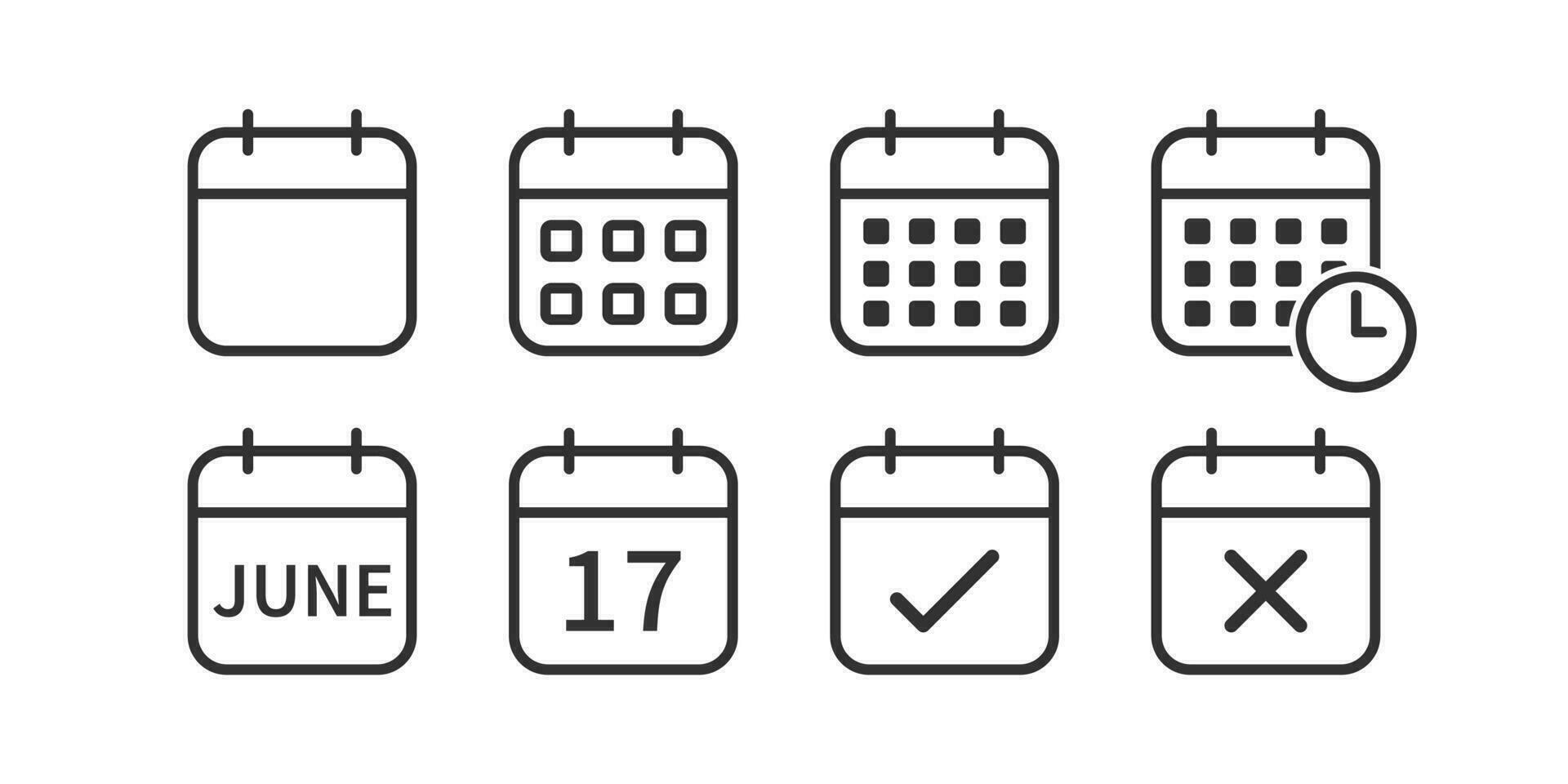 kalender icoon. schema tekens. herinnering symbool. datum symbolen. vergadering deadline pictogrammen. zwart kleur. vector teken.