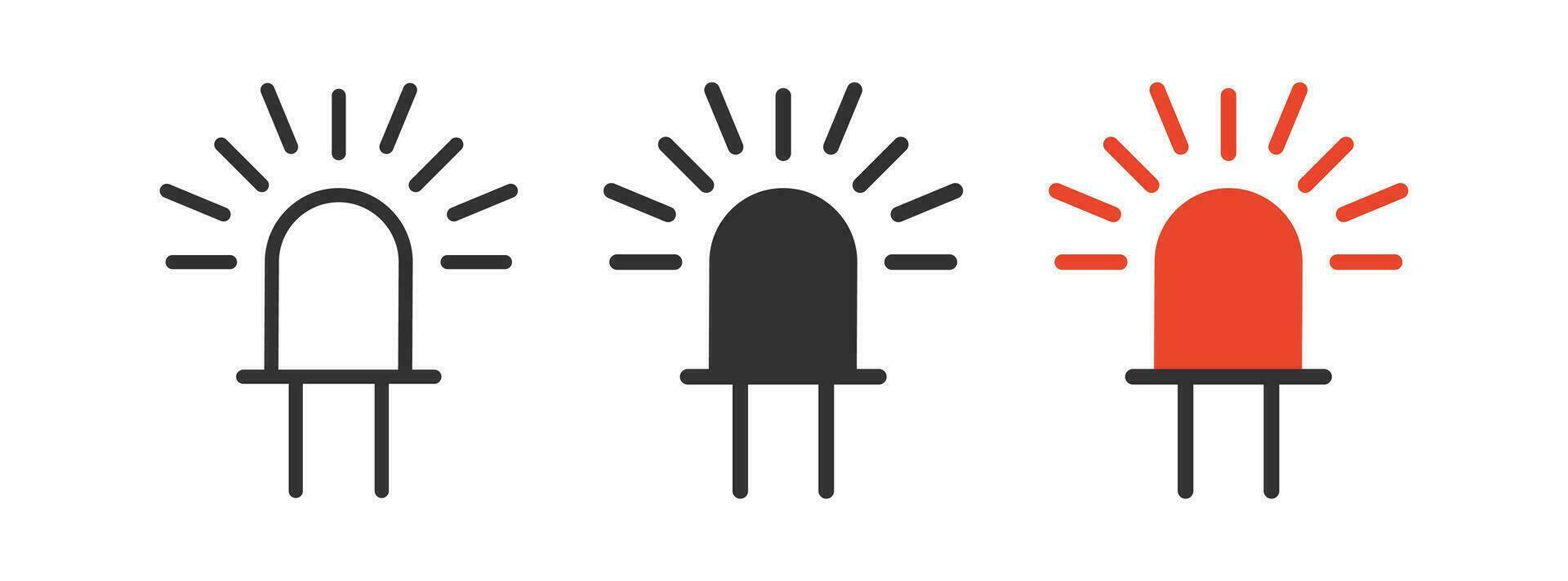 LED icoon. licht emitting diode tekens. rood lamp symbool. elektronisch bestanddeel symbolen. anode, kathode pictogrammen. zwart, rood kleur. vector teken.