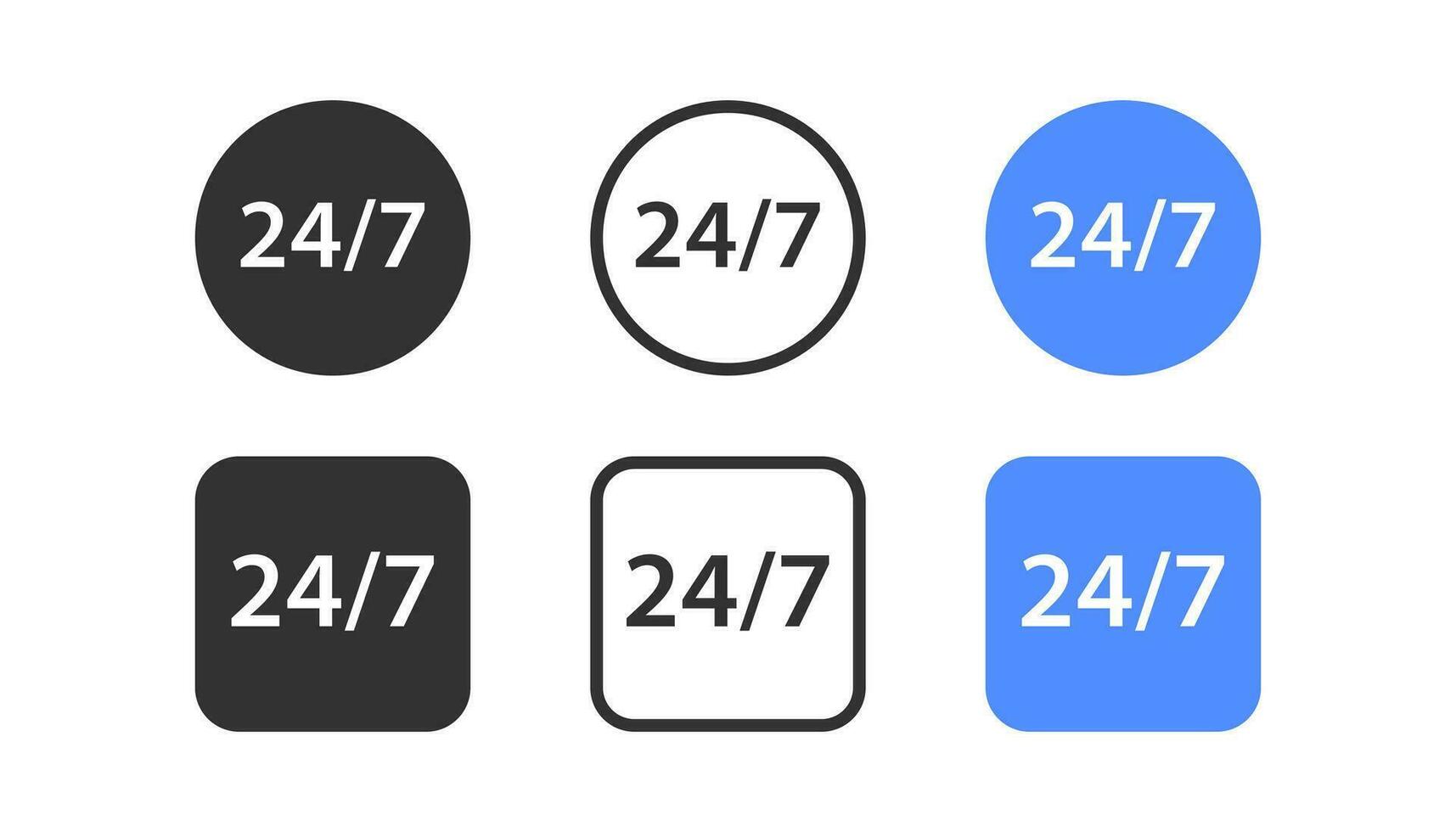 24 7 klok icoon. altijd Open symbool. ondersteuning 24 uur tekens. vierkant, cirkel symbolen. telefoon telefoontje pictogrammen. zwart, blauw kleur. vector teken.