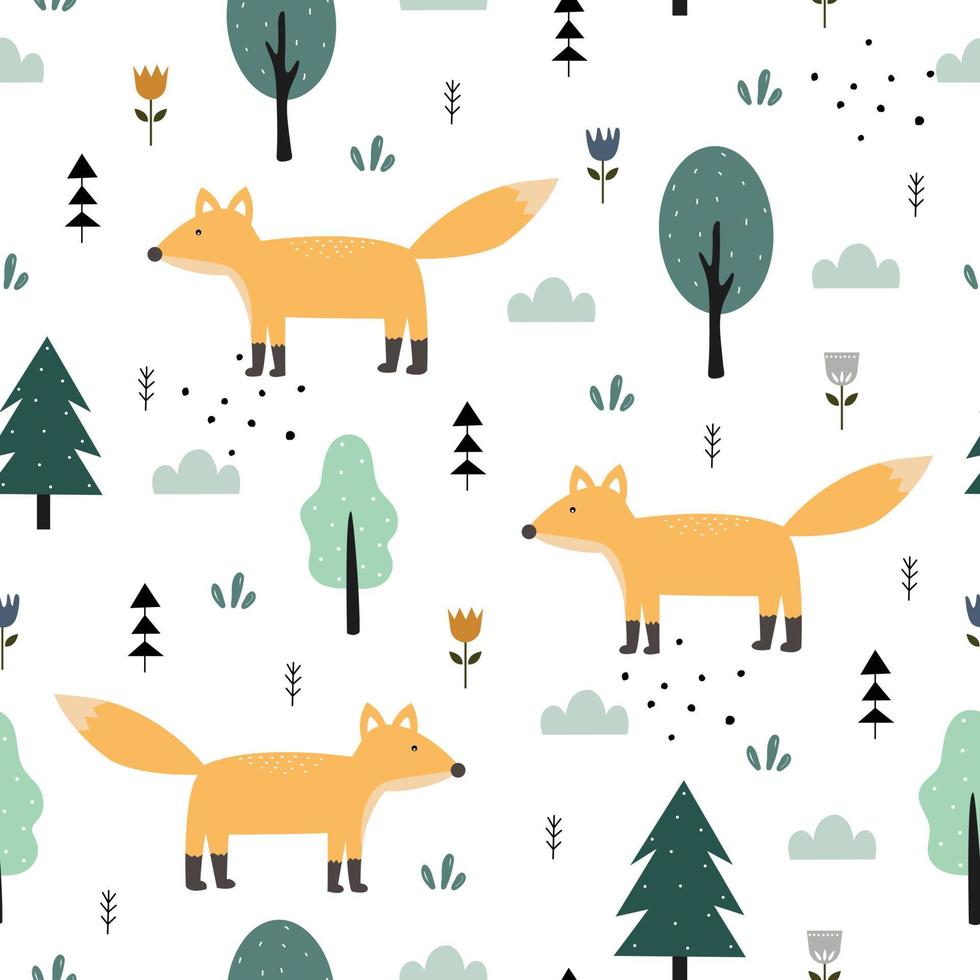 naadloze vector patroon cartoon vos met een boom op witte achtergrond hand getrokken ontwerp in kinderstijl geschikt voor textielontwerp, behang