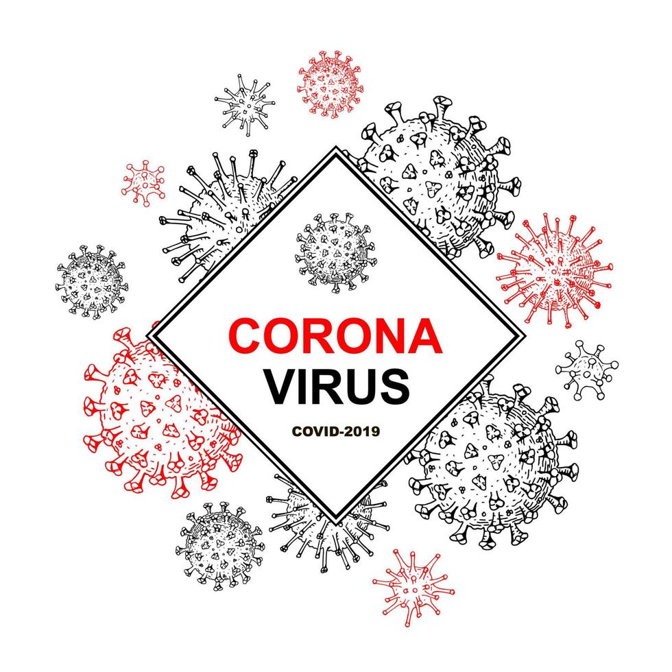 coronavirusconcept met handgetekende ontwerpelementen. Microscoop virus close-up. vectorillustratie in schetsstijl. covid-2019 vector