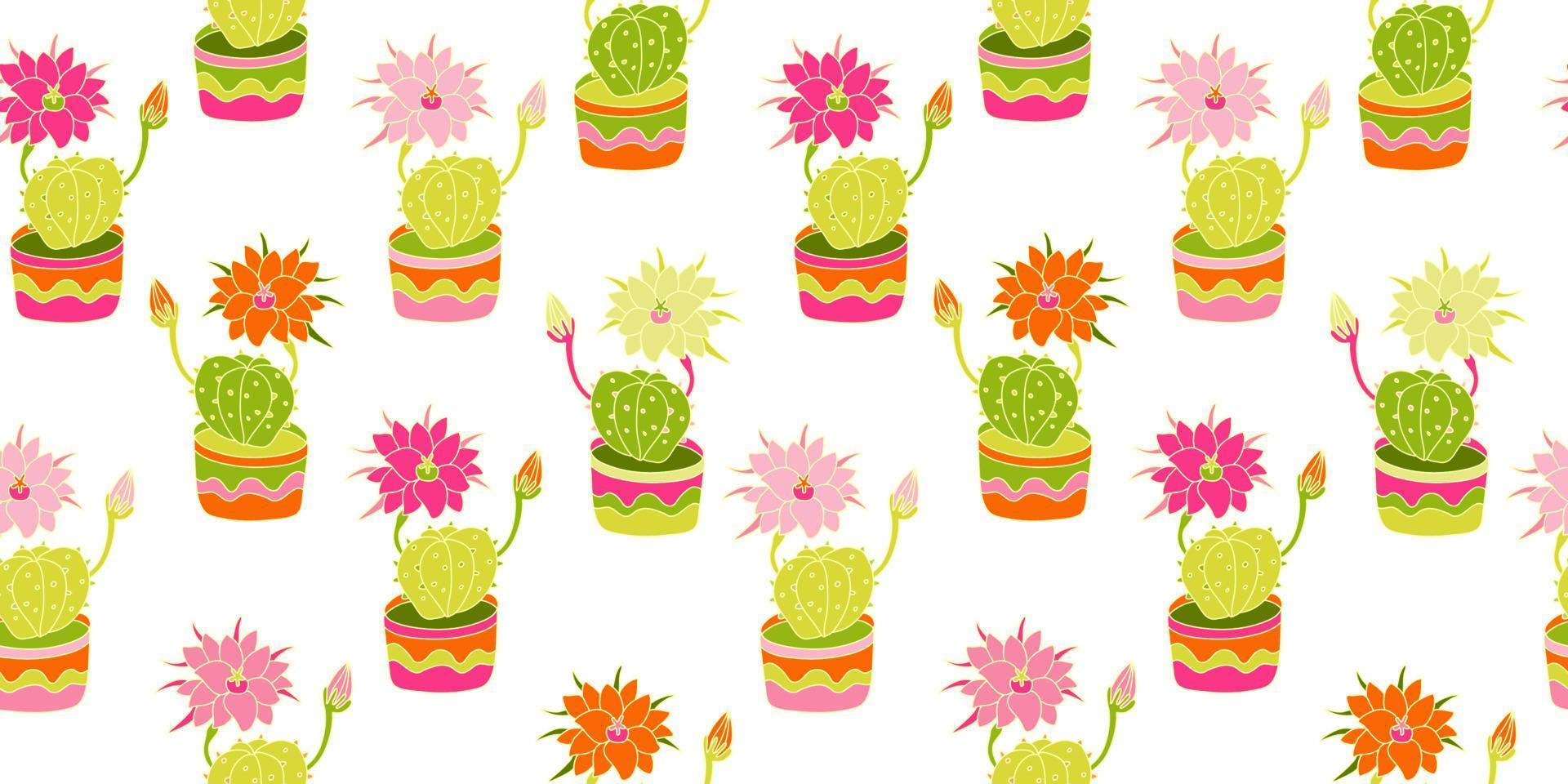 naadloze patroon met heldere ingemaakte cactussen kleur doodle illustratie vector