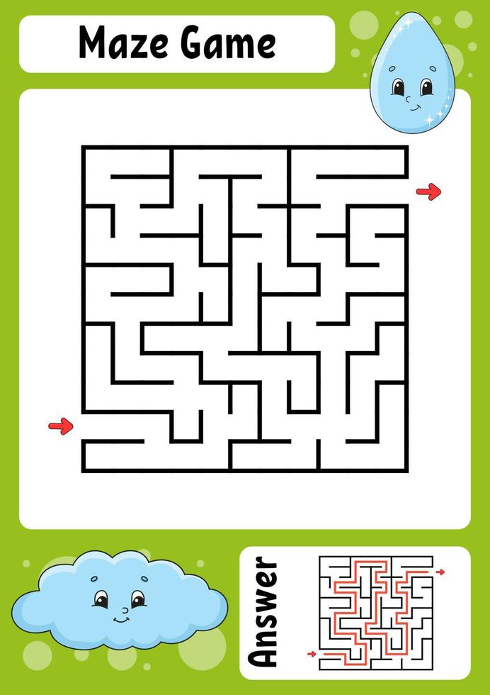 vierkant doolhof. spel voor kinderen. grappig labyrint. onderwijs ontwikkelend werkblad. activiteitenpagina. puzzel voor kinderen. cartoon stijl. raadsel voor de kleuterschool. logisch raadsel. kleur vectorillustratie. vector