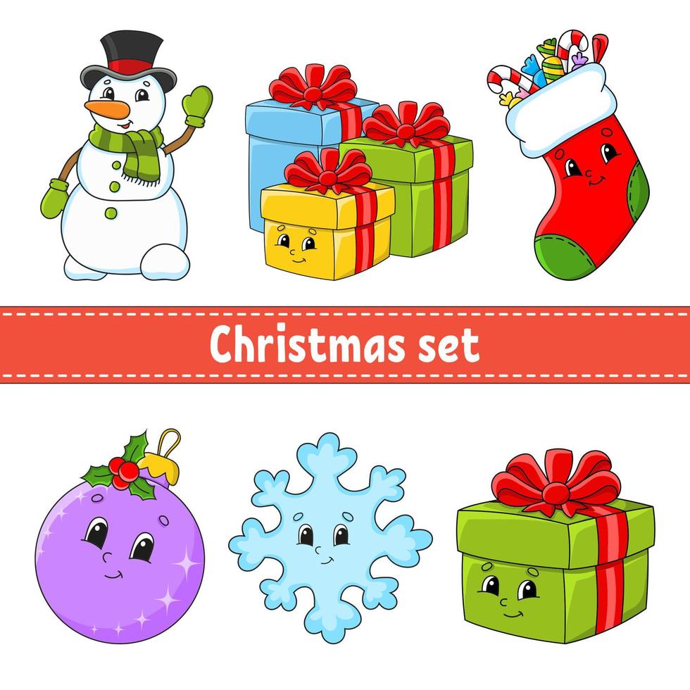 set kerst schattige stripfiguren. sneeuwpop, geschenken, sok, snuisterij, sneeuwvlok, cadeau. gelukkig nieuwjaar. handgetekende elementen. winterstickers. kleur vectorillustratie geïsoleerd op een witte achtergrond. vector