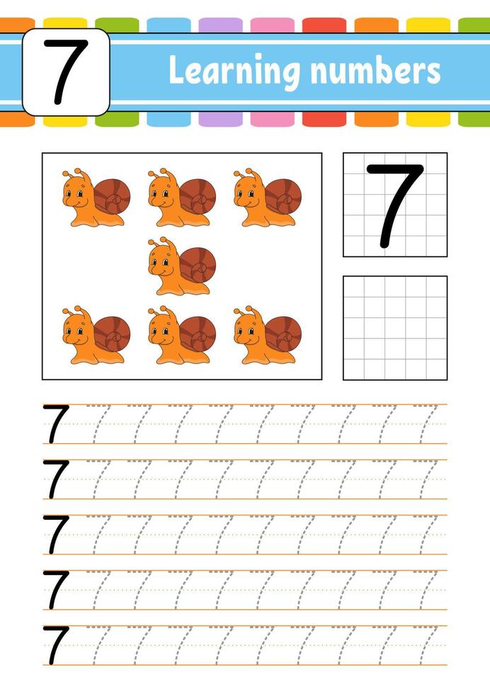 traceer en schrijf. handschrift oefenen. cijfers leren voor kinderen. onderwijs ontwikkelen werkblad. activiteiten pagina. spel voor peuters en kleuters. geïsoleerde vectorillustratie in schattige cartoon-stijl. vector