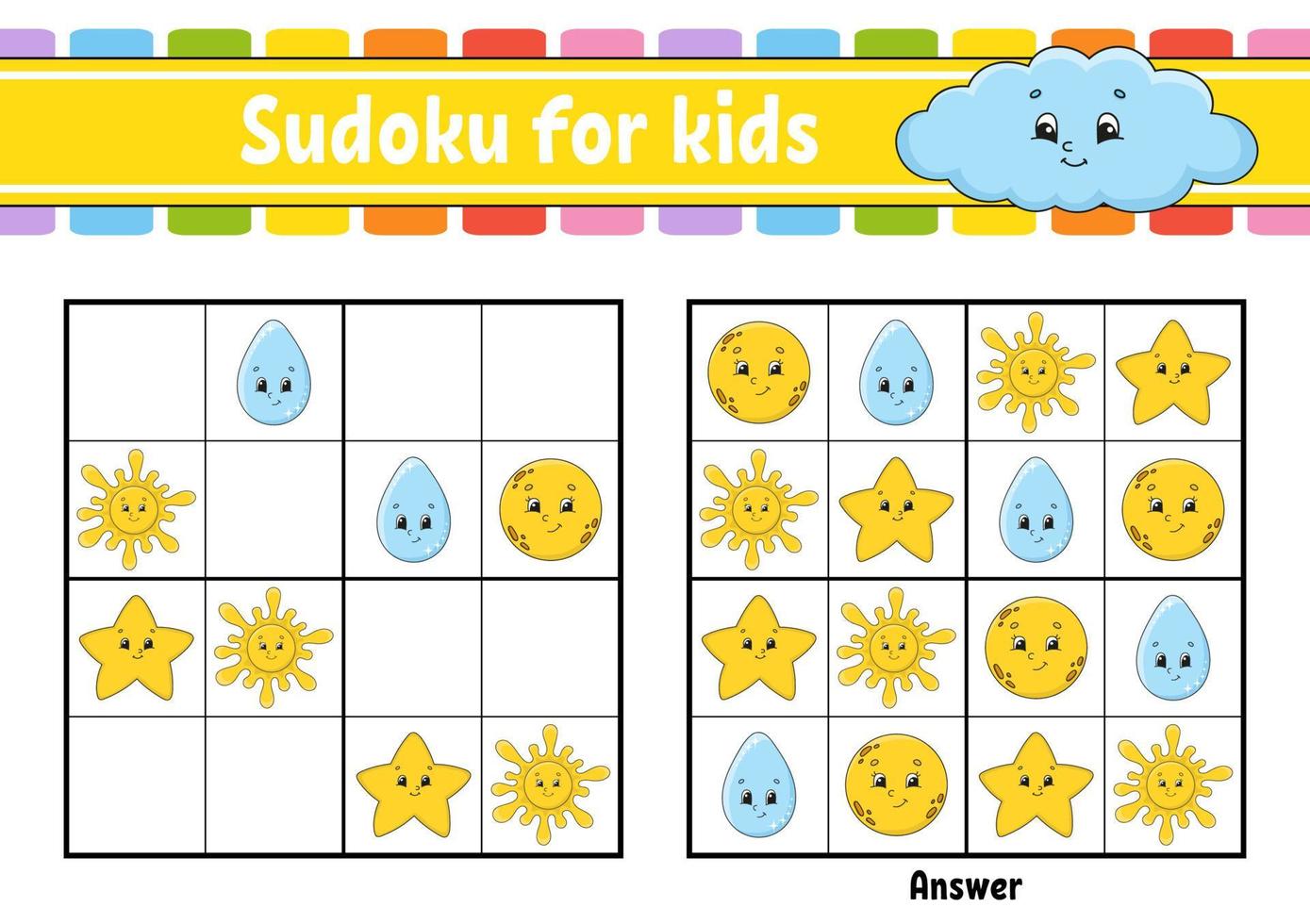 sudoku voor kinderen. onderwijs ontwikkelen werkblad. activiteitenpagina met foto's. puzzelspel voor kinderen. logisch denken opleiding. geïsoleerde vectorillustratie. grappig karakter. cartoon-stijl. vector