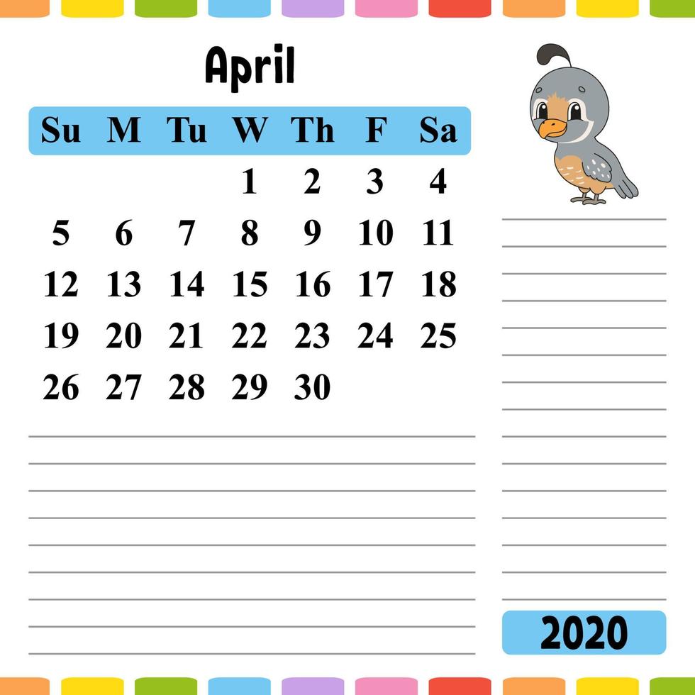 kalender voor 2020 met een schattig karakter. leuk en helder ontwerp. geïsoleerde vectorillustratie. cartoon-stijl. vector