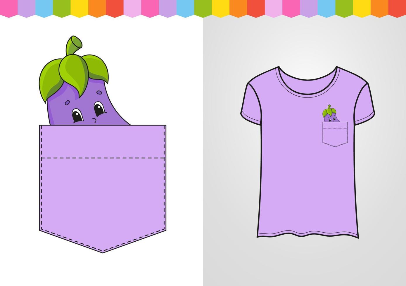 aubergine in borstzak. schattig karakter. kleurrijke vectorillustratie. cartoon-stijl. geïsoleerd op een witte achtergrond. ontwerpelement. sjabloon voor uw shirts, boeken, stickers, kaarten, posters. vector