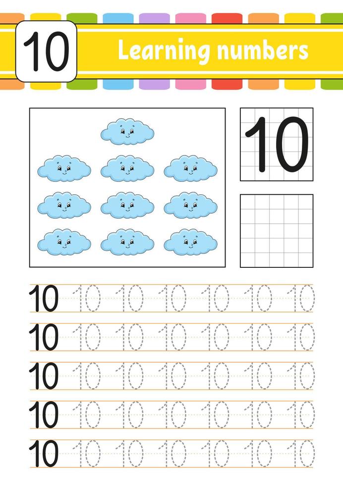 traceer en schrijf. handschrift oefenen. cijfers leren voor kinderen. onderwijs ontwikkelen werkblad. activiteiten pagina. spel voor peuters en kleuters. geïsoleerde vectorillustratie in schattige cartoon-stijl. vector