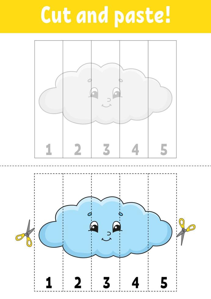 cijfers leren. knippen en spelen. onderwijs ontwikkelen werkblad. spel voor kinderen. activiteiten pagina. puzzel voor kinderen. raadsel voor de kleuterschool. platte geïsoleerde vectorillustratie. leuke cartoonstijl. vector