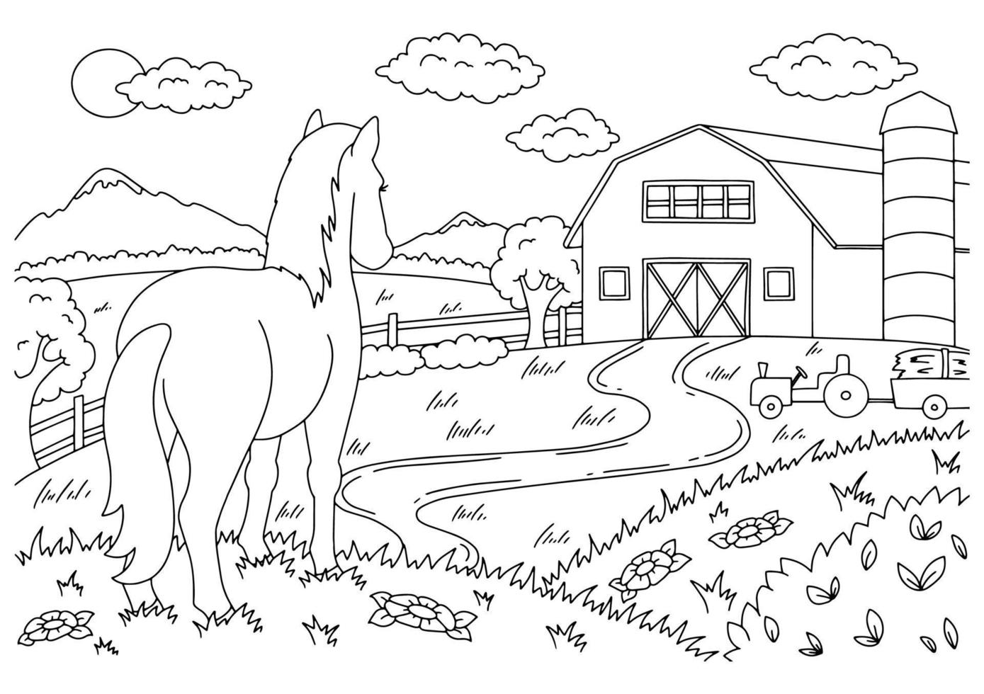 leuk paard. boerderijdier. kleurboekpagina voor kinderen. cartoon-stijl. vectorillustratie geïsoleerd op een witte achtergrond. vector