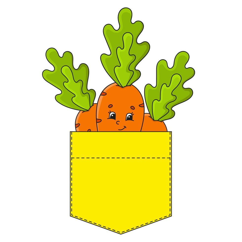 oranje wortel in borstzak. schattig karakter. kleurrijke vectorillustratie. cartoon-stijl. geïsoleerd op een witte achtergrond. ontwerpelement. sjabloon voor uw shirts, boeken, stickers, kaarten, posters. vector