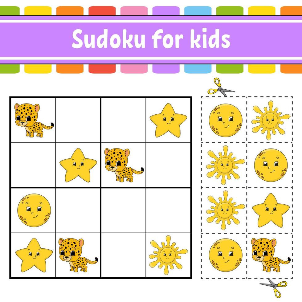 sudoku voor kinderen. onderwijs ontwikkelen werkblad. activiteitenpagina met foto's. puzzelspel voor kinderen. logisch denken opleiding. geïsoleerde vectorillustratie. grappig karakter. cartoon-stijl. vector