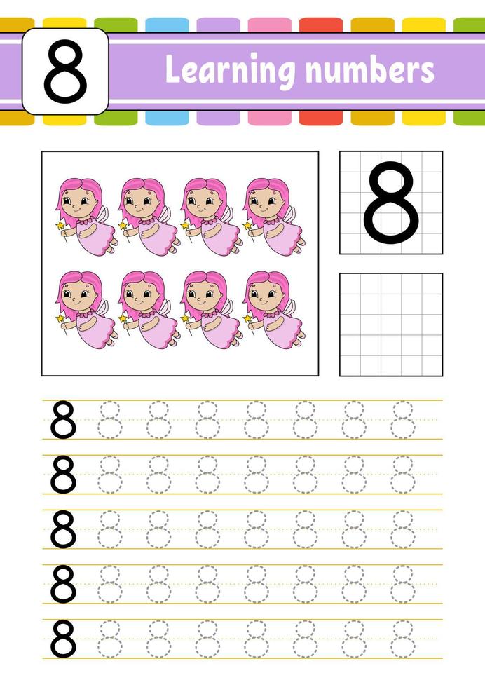 traceer en schrijf. handschrift oefenen. cijfers leren voor kinderen. onderwijs ontwikkelen werkblad. activiteiten pagina. spel voor peuters en kleuters. geïsoleerde vectorillustratie in schattige cartoon-stijl. vector