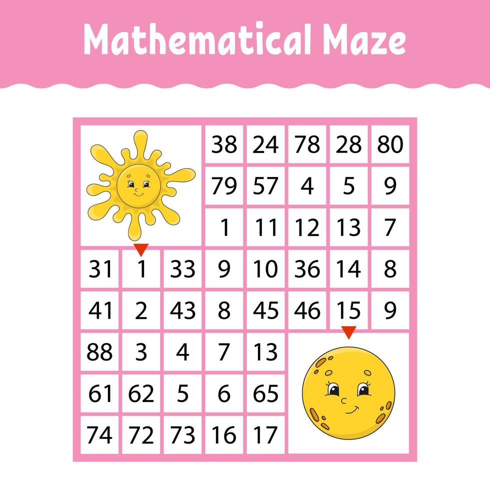 wiskundig gekleurd vierkant doolhof. onderwijs ontwikkelen werkblad. spel voor kinderen. puzzel voor kinderen. de studie van getallen. labyrint raadsel. platte vectorillustratie geïsoleerd op een witte achtergrond vector