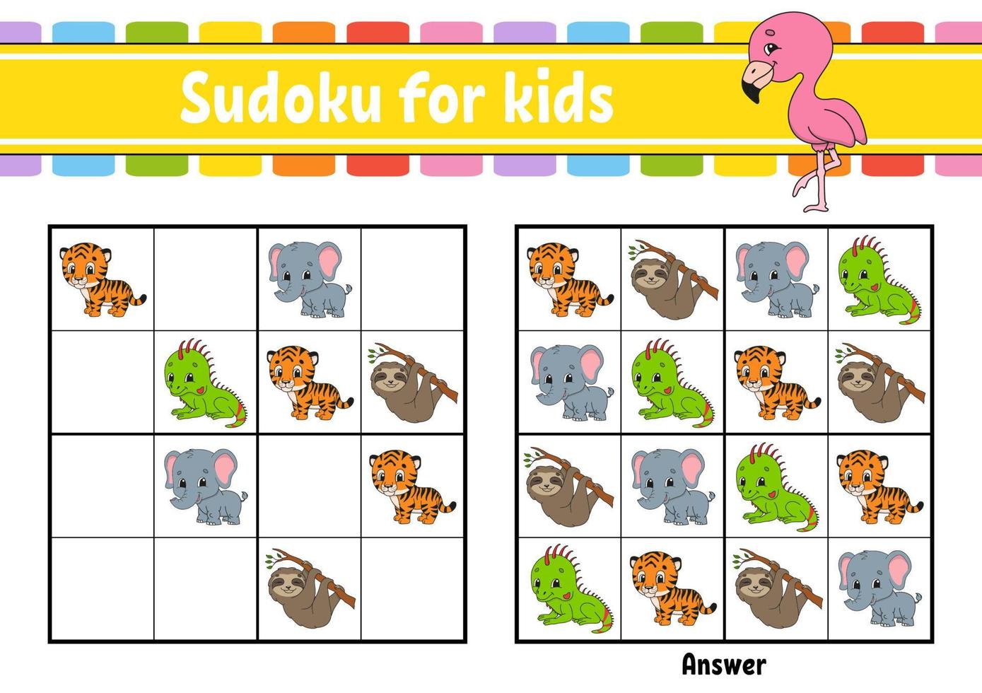 sudoku voor kinderen. onderwijs ontwikkelen werkblad. activiteitenpagina met foto's. puzzelspel voor kinderen. logisch denken opleiding. geïsoleerde vectorillustratie. grappig karakter. cartoon-stijl. vector