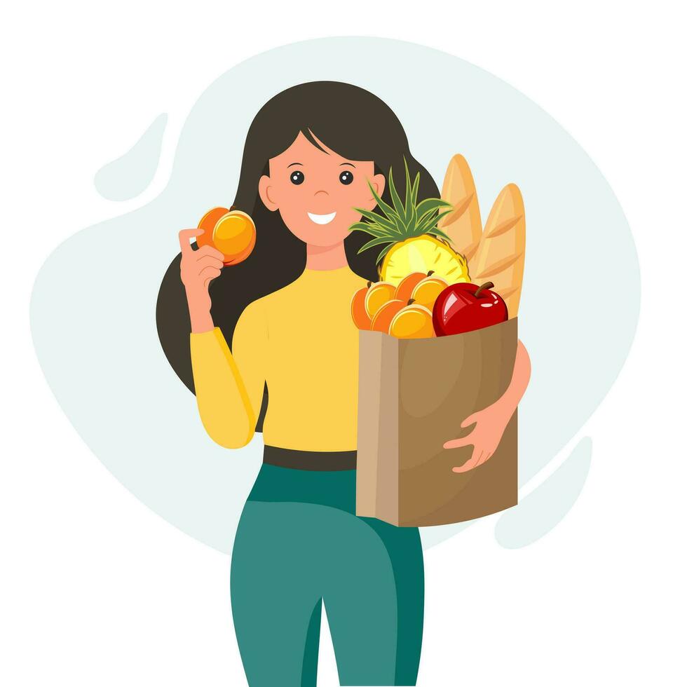 vrolijk vrouw met een pakket van vruchten. gezond voedsel concept. tekenfilm illustratie, vector
