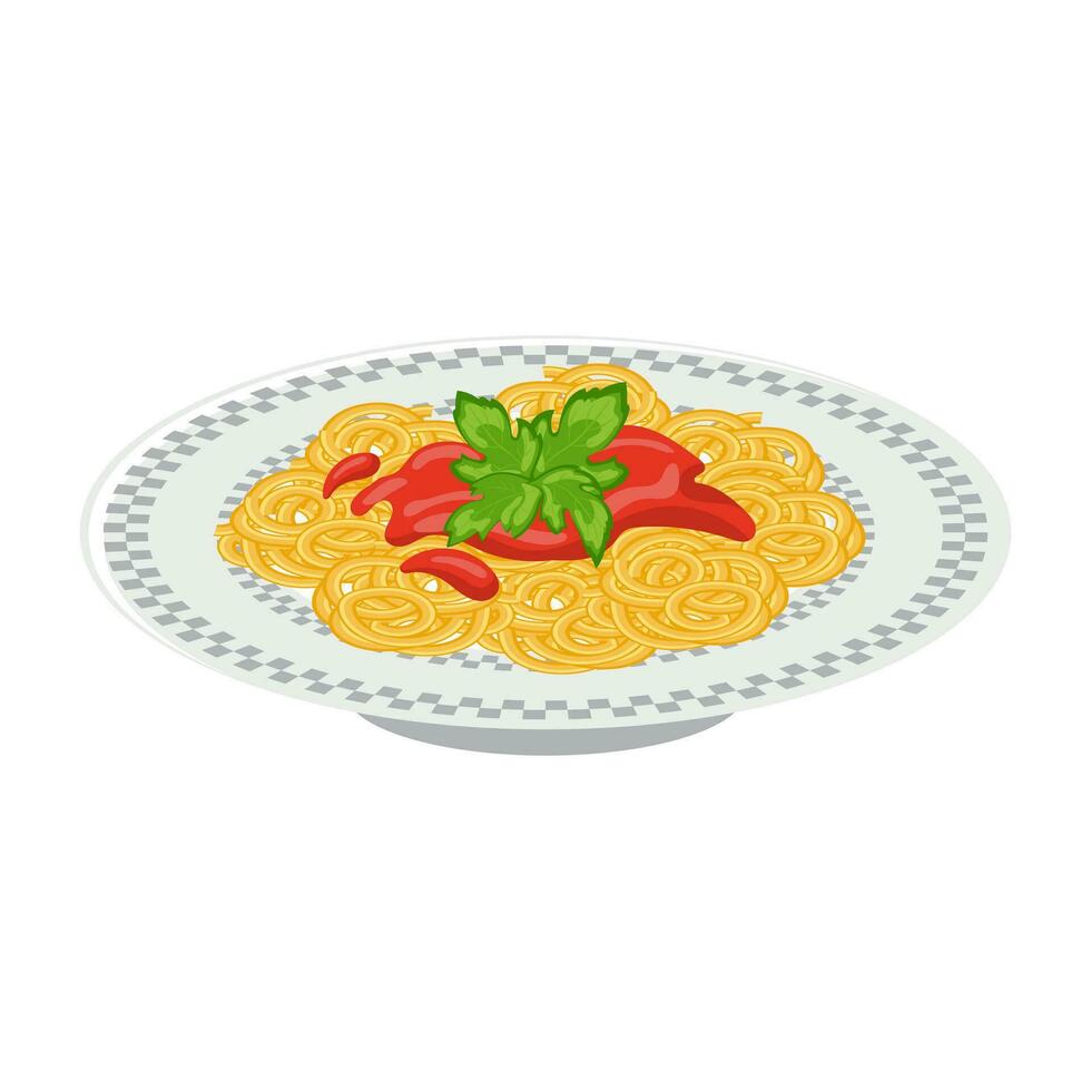 bord van pasta. pasta met ketchup en kruiden. Italiaans keuken. voedsel illustratie, vector