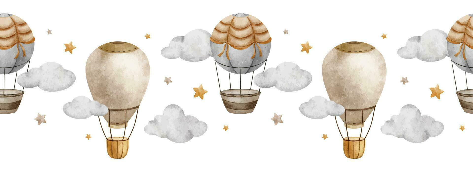 beige heet lucht ballonnen, wolken en sterren. schattig baby naadloos grens. kinderen achtergrond. waterverf kader. geïsoleerd. ontwerp voor kinderen goederen, ansichtkaarten, baby douche en kinderen kamer vector