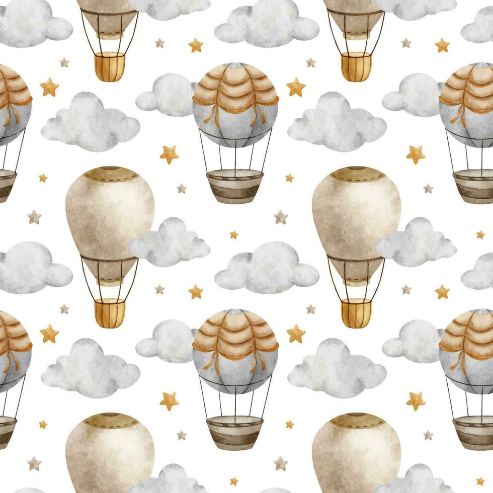 heet lucht ballon met mand, wolken en sterren. waterverf naadloos patroon. schattig baby achtergrond. voor kinderen goederen, kleren, textiel, ansichtkaarten, baby douche, behang en kinderen kamer vector