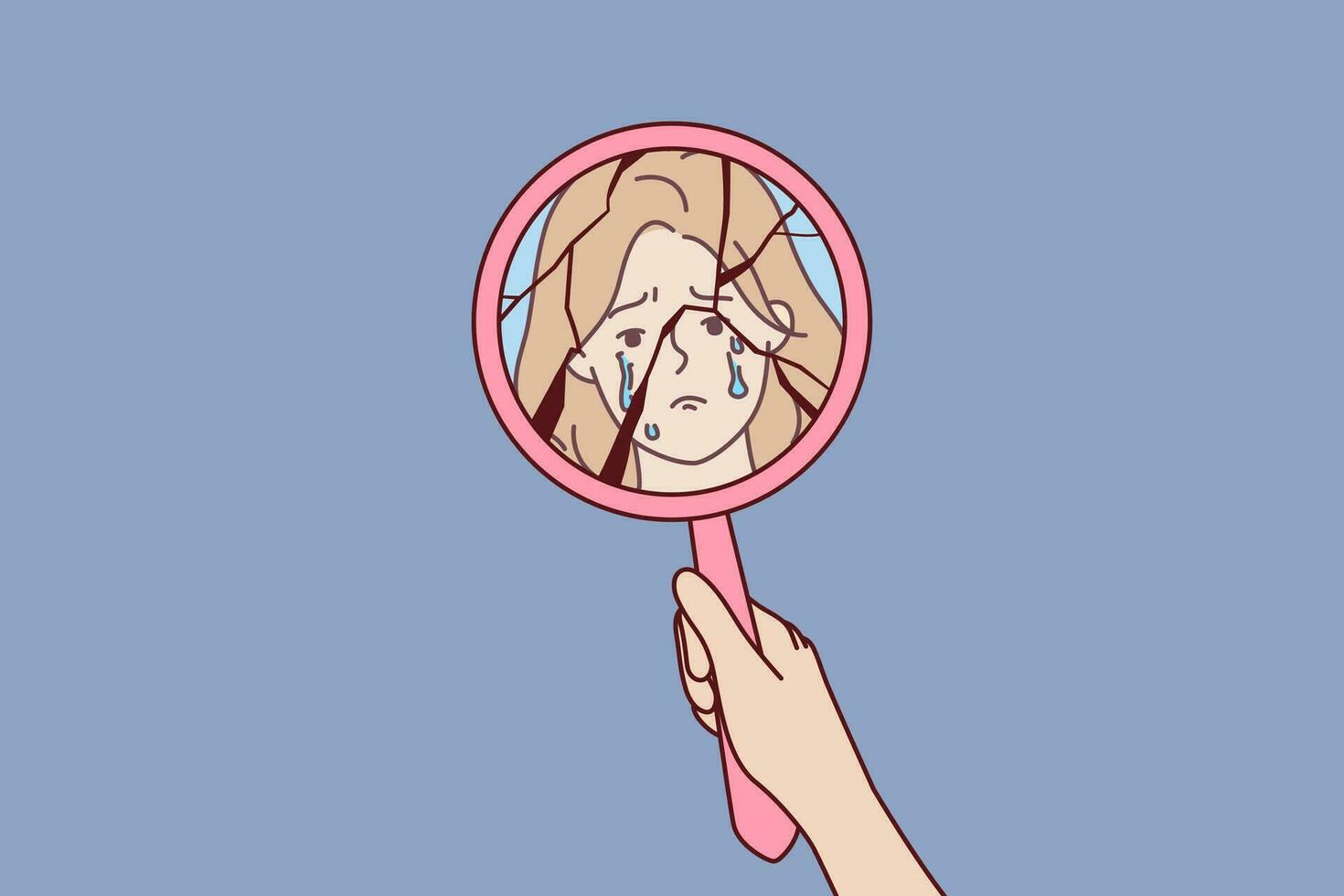 gebroken spiegel in hand- van huilen vrouw en reflectie van gezicht van emotioneel onstabiel persoon vector