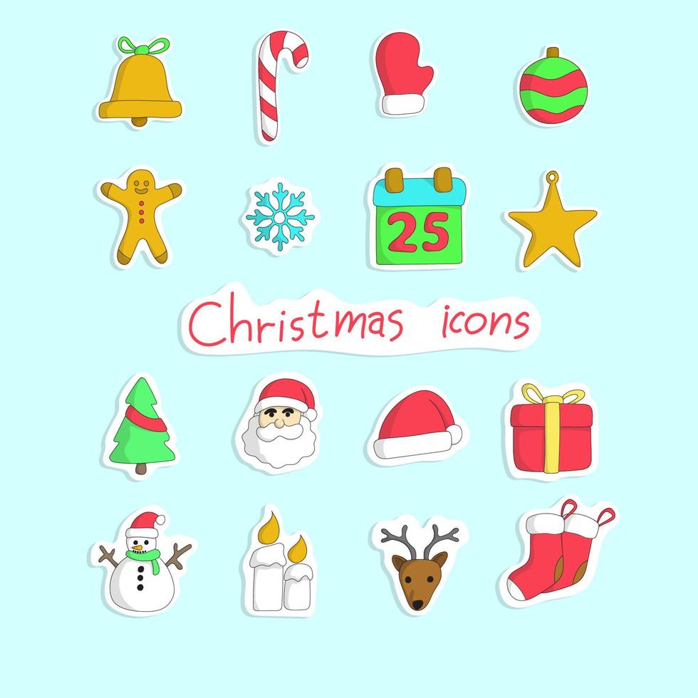 kleurrijke kerst icon set met schaduw hand getekende illustratie vector geïsoleerd op blauwe achtergrond