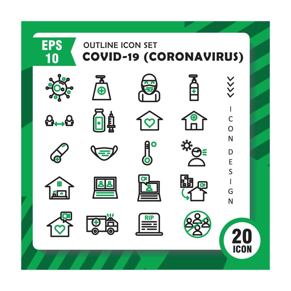 set overzichtspictogrammen gemengd over coronavirus, covid-19. trendy design. bewerkbare vector