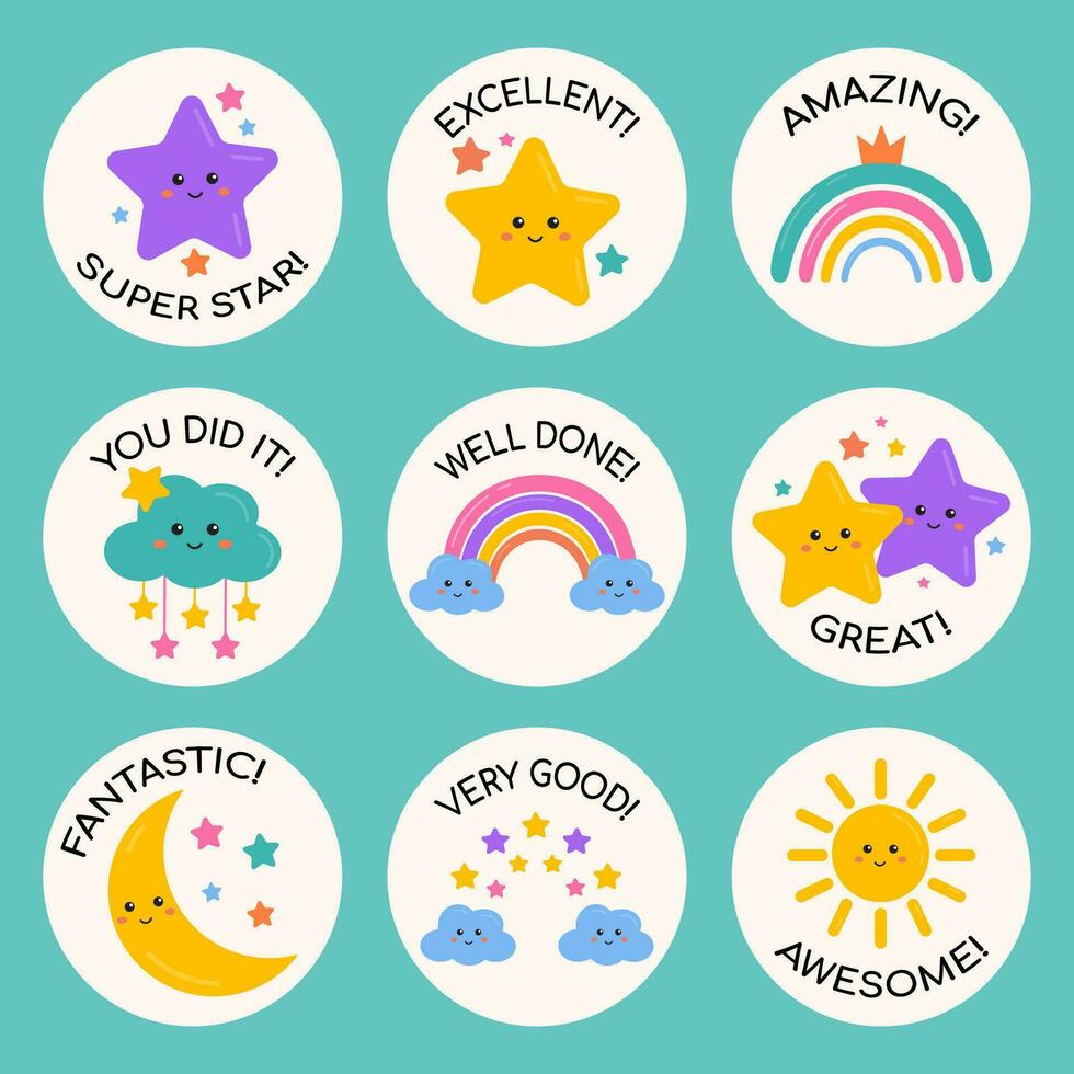 mooi zo baan en Super goed baan stickers met regenbogen, sterren, wolken voor kinderen. succes, Proficiat, uitstekend werk etiketten. school- beloning, leerzaam, aanmoediging teken, stempel. geweldig huiswerk, goed gedaan. vector