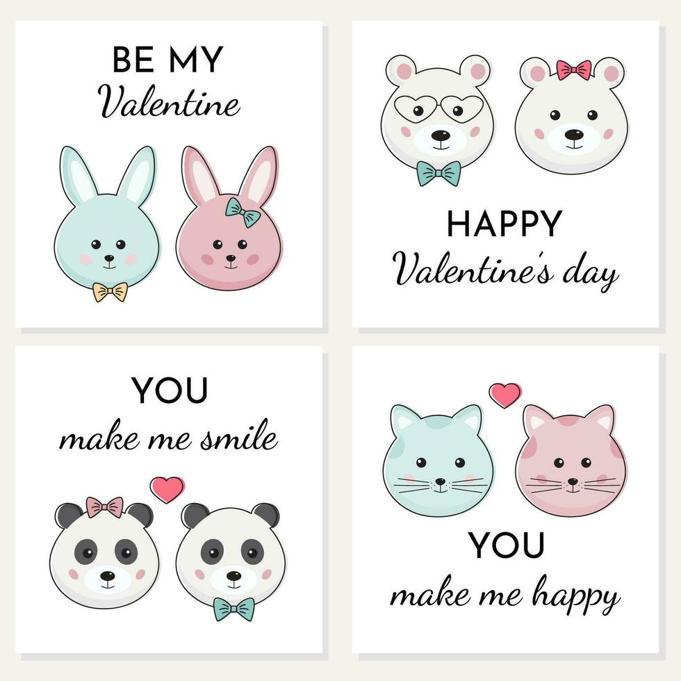 gelukkig valentijnsdag dag verzameling van kaarten met romantisch grappig dier paren en slogans. u maken me glimlach, worden mijn valentijn. schattig konijn, beer, panda, kat. ik liefde u concept voor vakantie groet kaart. vector