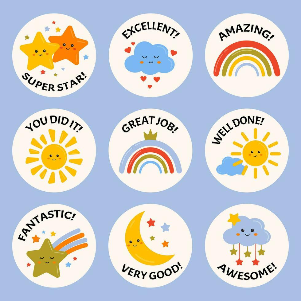 mooi zo baan en Super goed baan stickers met regenbogen, sterren, wolken voor kinderen. succes, Proficiat, uitstekend werk etiketten. school- beloning, leerzaam, aanmoediging teken, stempel. geweldig huiswerk, goed gedaan. vector