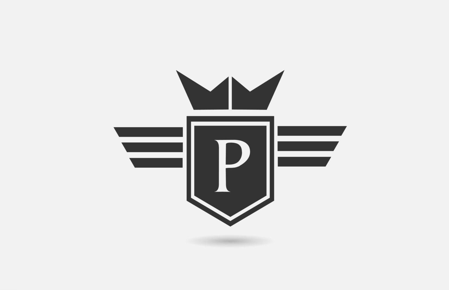 p alfabet letterpictogram logo voor bedrijf in zwart-wit. creatief badgeontwerp met koningskroonvleugels en schild voor bedrijven en bedrijven vector