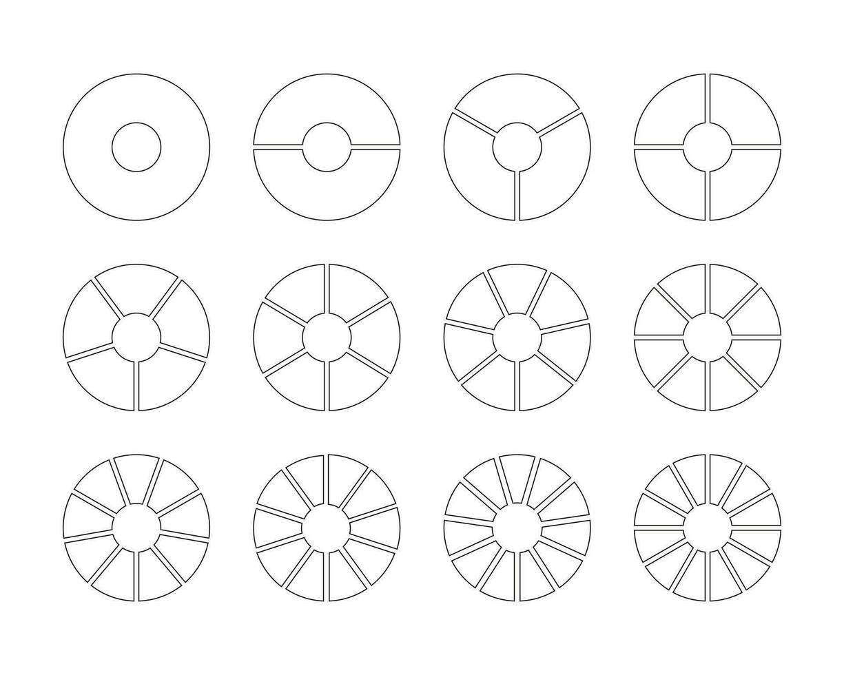 cirkel divisie Aan 1, 2, 3, 4, 5, 6, 7, 8, 9, 10, 11, 12 Gelijk onderdelen. wiel ronde verdeeld diagrammen met segmenten. coaching blanco. diagram infographic set. taart tabel gemakkelijk pictogrammen. vector sjabloon. eps.