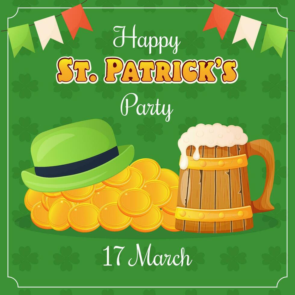 st. Patrick dag partij kaart met goud munt, groen hoed en kop van bier vector