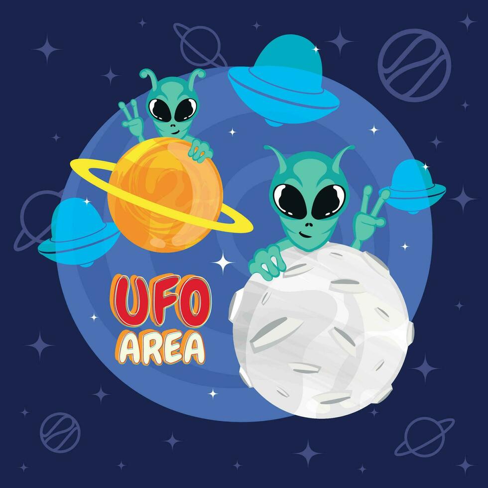 schattig tekenfilm buitenaards wezen ufo sticker vector