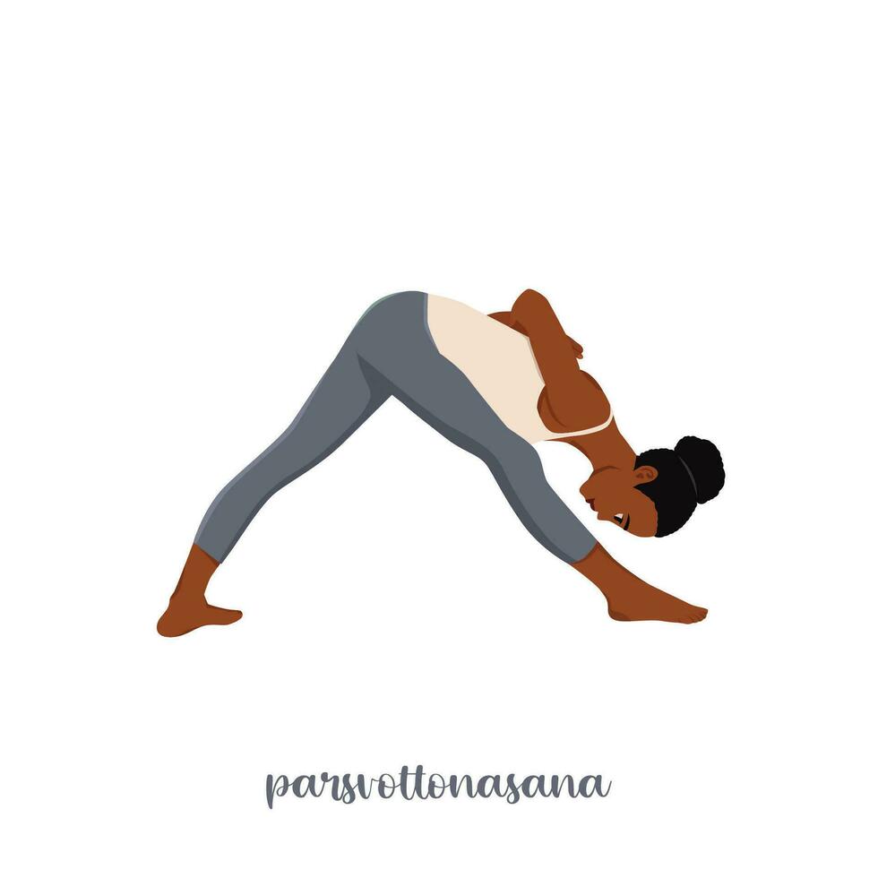 vrouw aan het doen parsvottanasana of intens kant rekken houding. yoga geschiktheid concept. vector