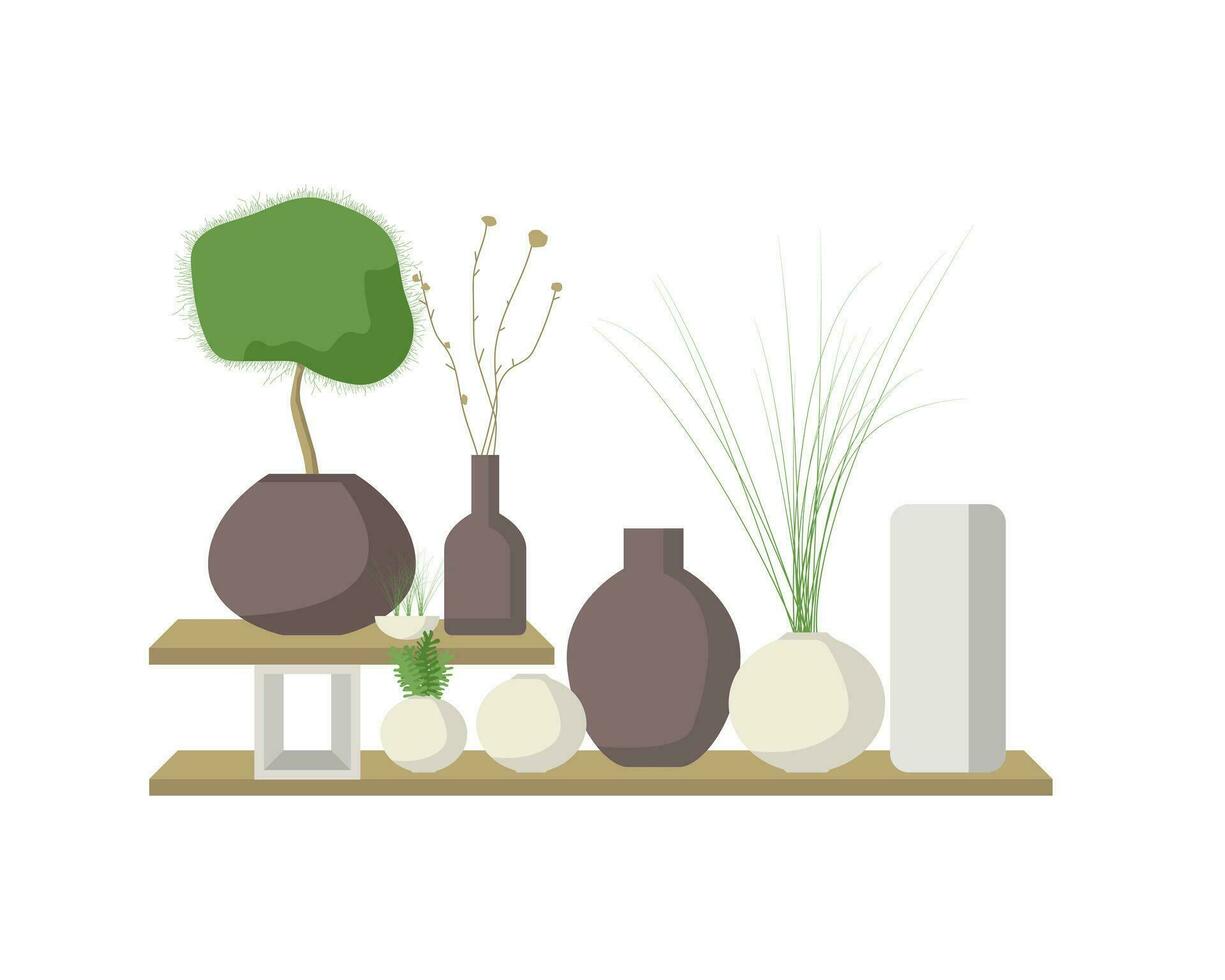 interieur element voorwerp vlak vaas voorjaar bloemen tropisch grafisch vector. vaas fabriek bloemen modern ontwerp huis kamer decor appartement achtergrond bladeren. interieur idee stijl knus leven tafel geïsoleerd. vector