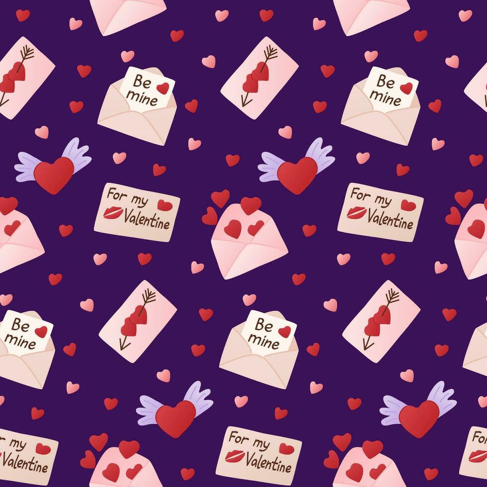valentijnsdag enveloppen naadloos patroon met harten, groet kaarten en belettering. st valentijnsdag dag concept patroon Aan Purper achtergrond. modieus afdrukken ontwerp voor textiel, behang, omhulsel vector