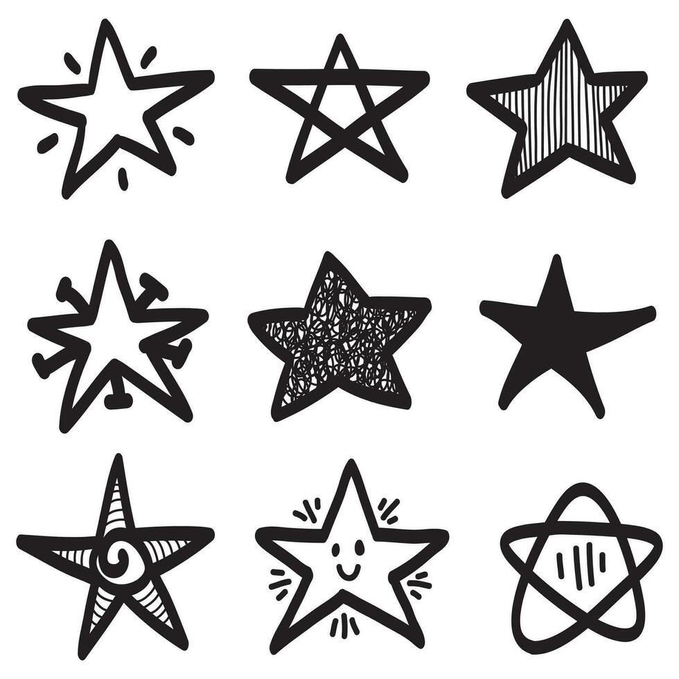 set van zwarte hand getrokken doodle sterren in geïsoleerd op een witte achtergrond. vector