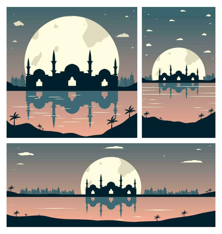 verzameling van moskee silhouetten met stedelijk gebouwen en zonsondergang achtergrond vector