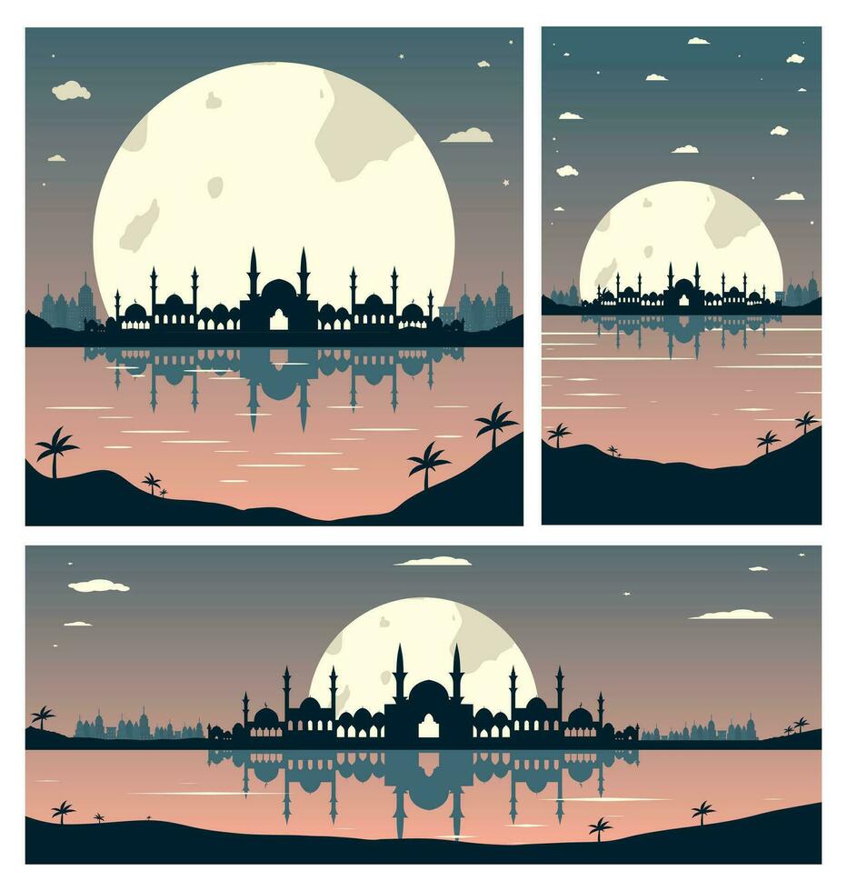 verzameling van moskee silhouetten met stedelijk gebouwen en zonsondergang achtergrond vector
