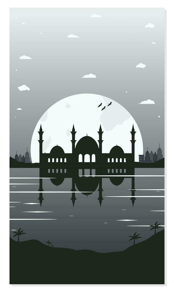 moskee silhouet achtergronden met stedelijk gebouwen en vol maan in de achtergrond vector