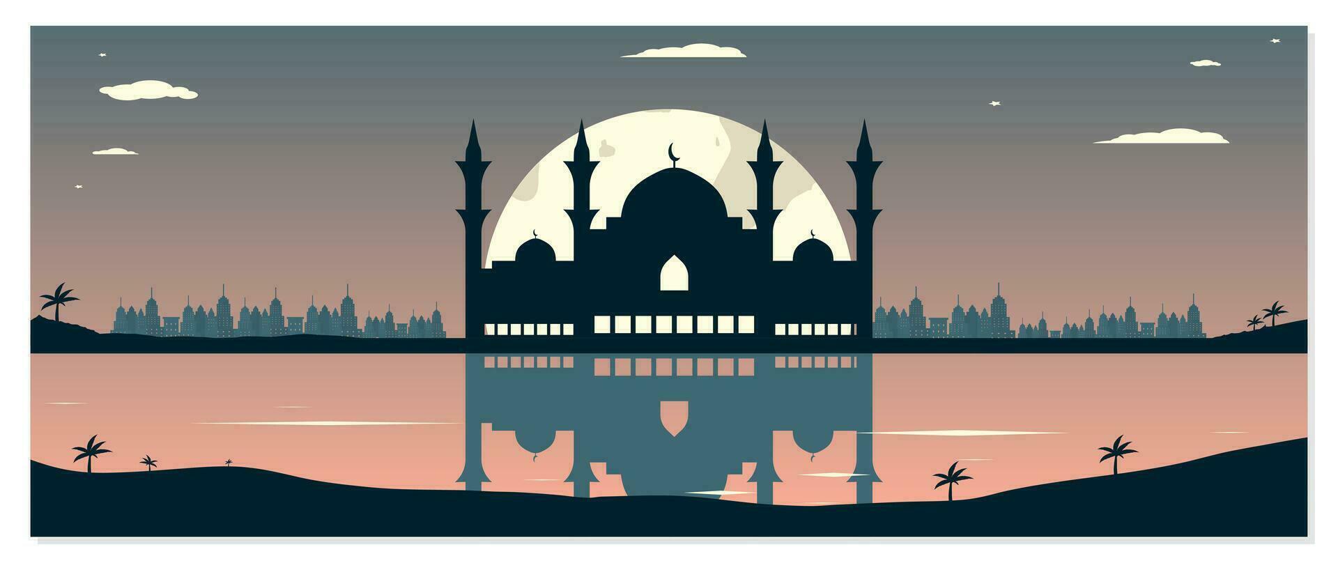 moskee silhouetten met stedelijk gebouwen en zonsondergang achtergrond vector