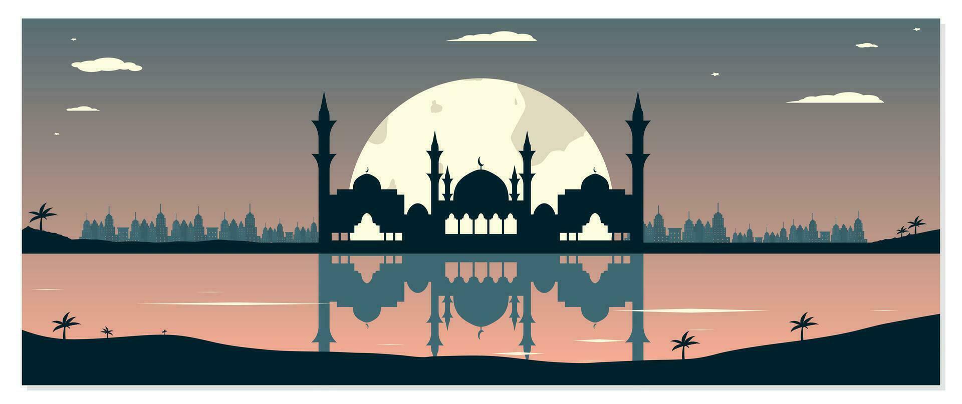 moskee silhouetten met stedelijk gebouwen en zonsondergang achtergrond vector