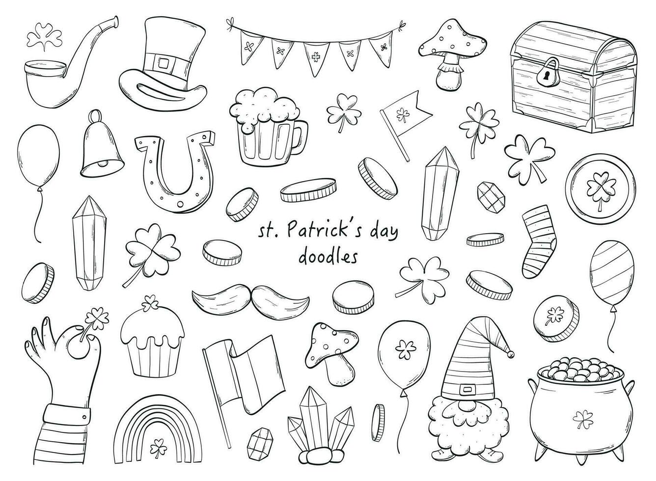 st Patrick dag monochroom doodles verzameling voor kleur Pagina's, afdrukken, stickers, kaarten, sublimatie, planners, stationair, enz. eps 10 vector