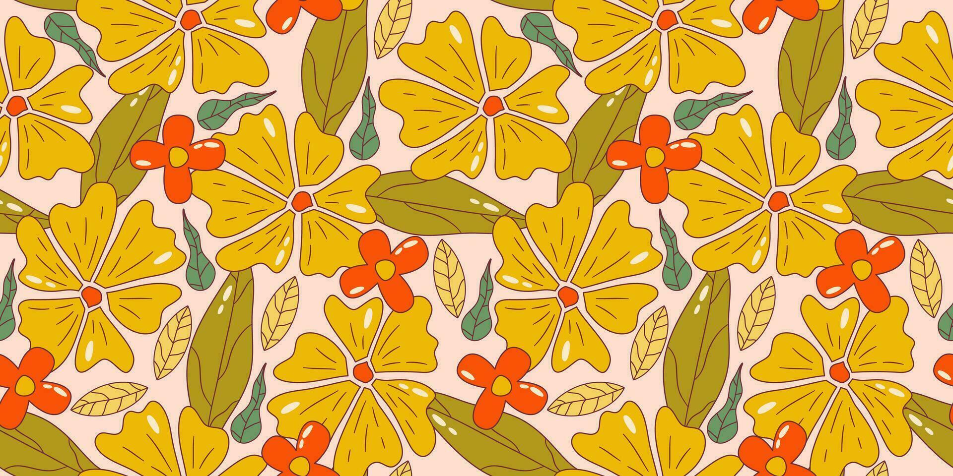 trippy groovy bloem naadloos patroon. retro groovy bloemen patroon met madeliefje en blad. psychedelisch tekenfilm ontwerp. zomer naadloos achtergrond. vector illustratie