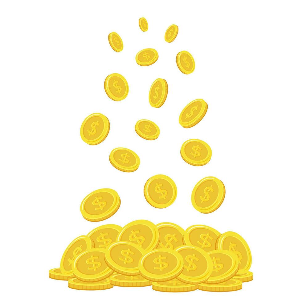 dollar munten. vallend munten, vallend geld, vliegend goud munten, gouden regen. stack van goud munten. vector