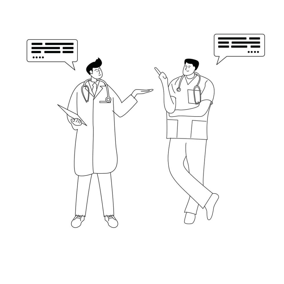 werkzaamheid illustratie van artsen staand chatten, monochroom lijn stijl vector