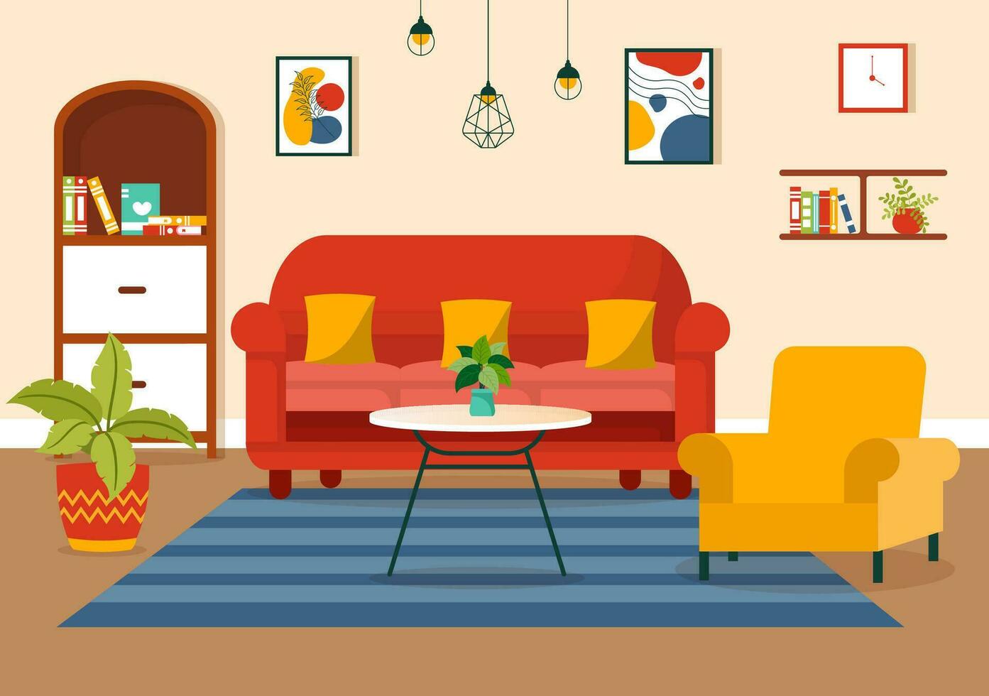 huis decor vector illustratie met leven kamer interieur en meubilair zo net zo comfortabel bank, venster, stoel, huis planten en accessoires